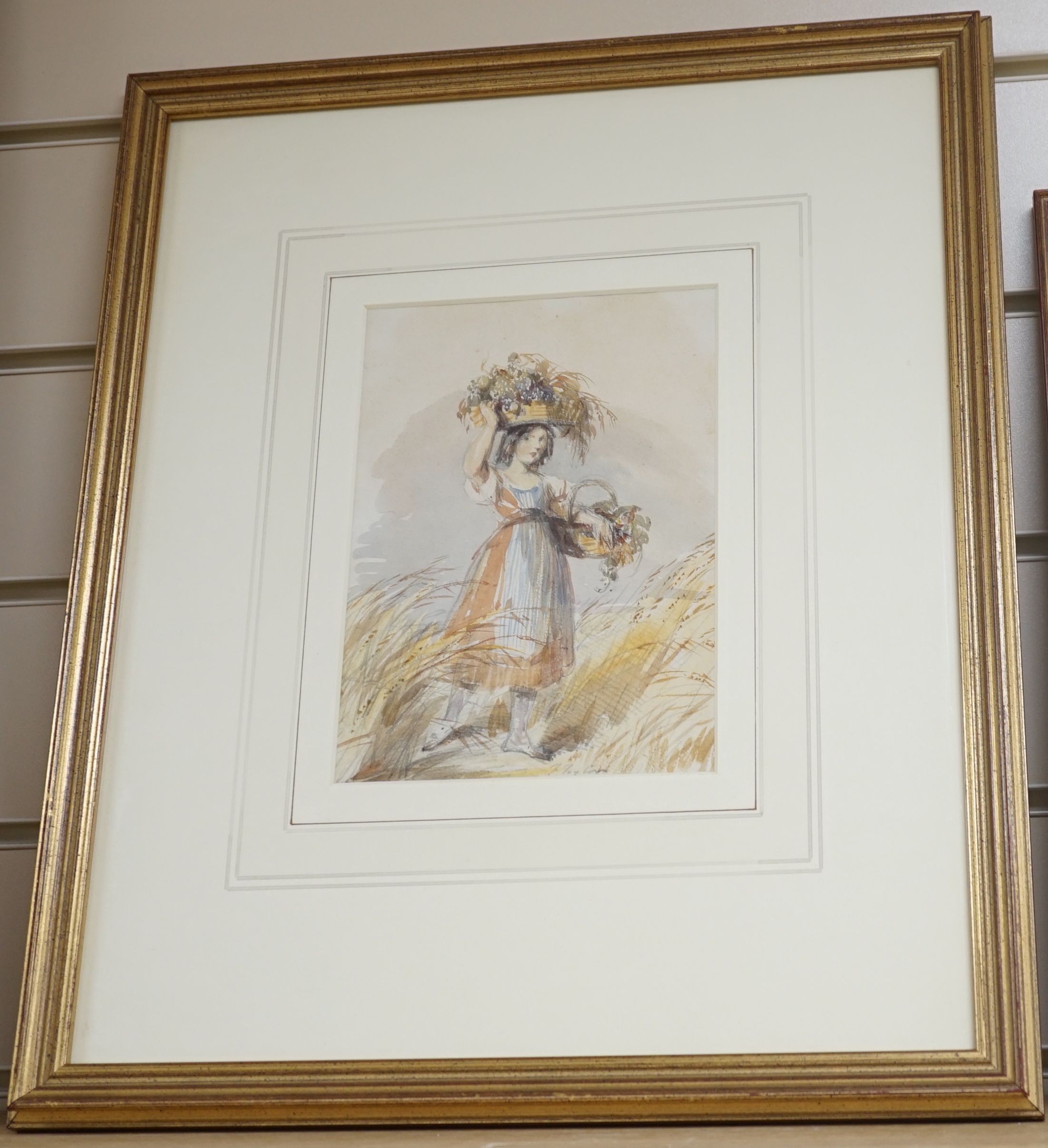 John Frederick Taylor (1802- 1899), Country girl with laden baskets in a cornfield, watercolour, signed, 20.5 x 14.5cm